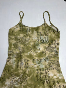 Green stretchy Chinese graphic print Y2K vintage mini dress (S/M)