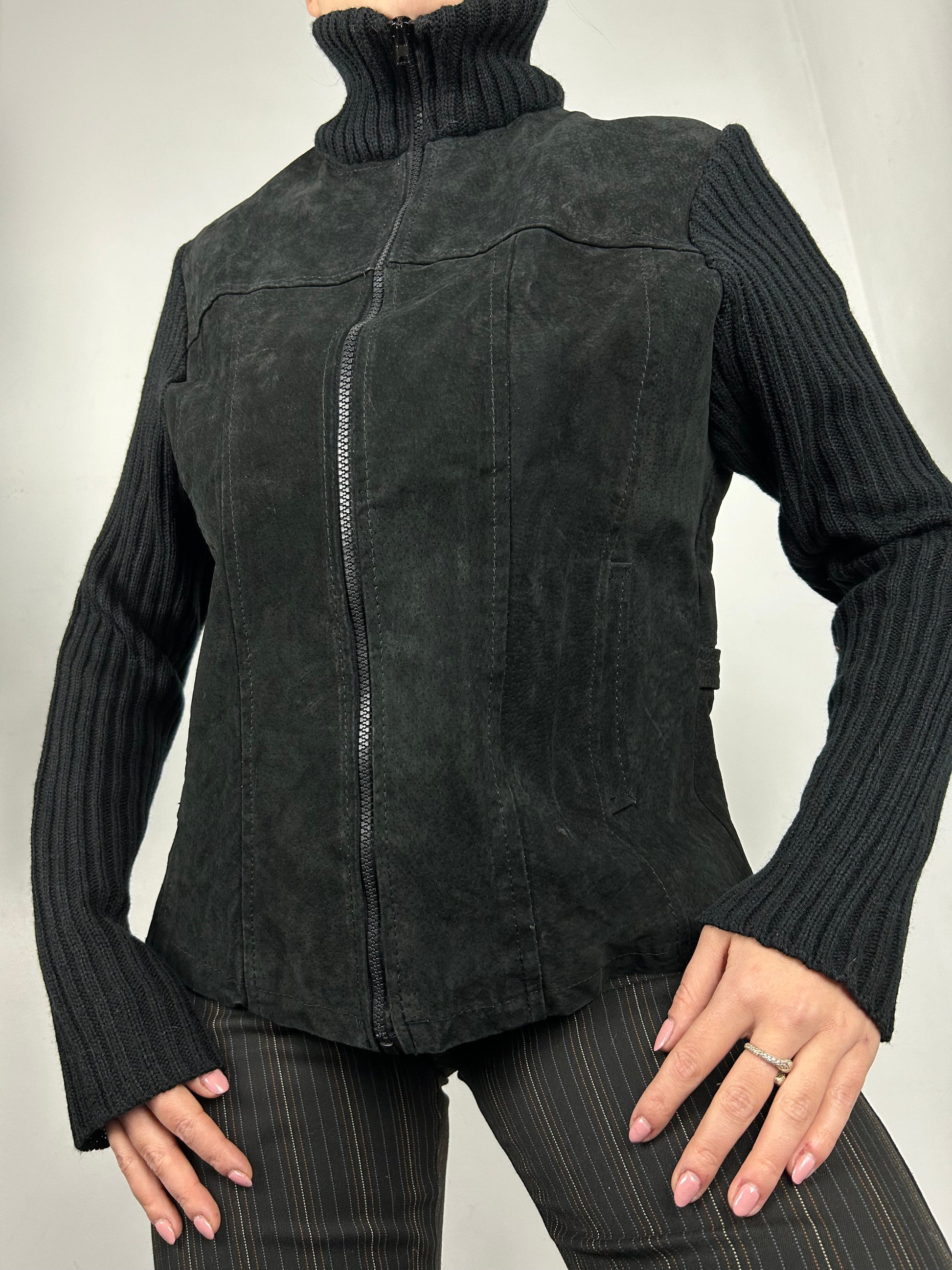 Black 100% real leather suede bi fabric hoodie jacket  (S/M)