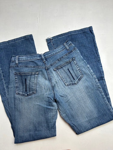 Blue denim low rise flare pants (L)