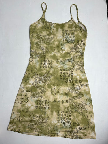 Green stretchy Chinese graphic print Y2K vintage mini dress (S/M)