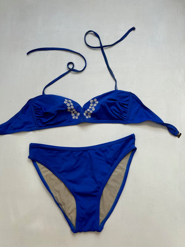 Navy blue floral print y2k vintage bikini set (L)