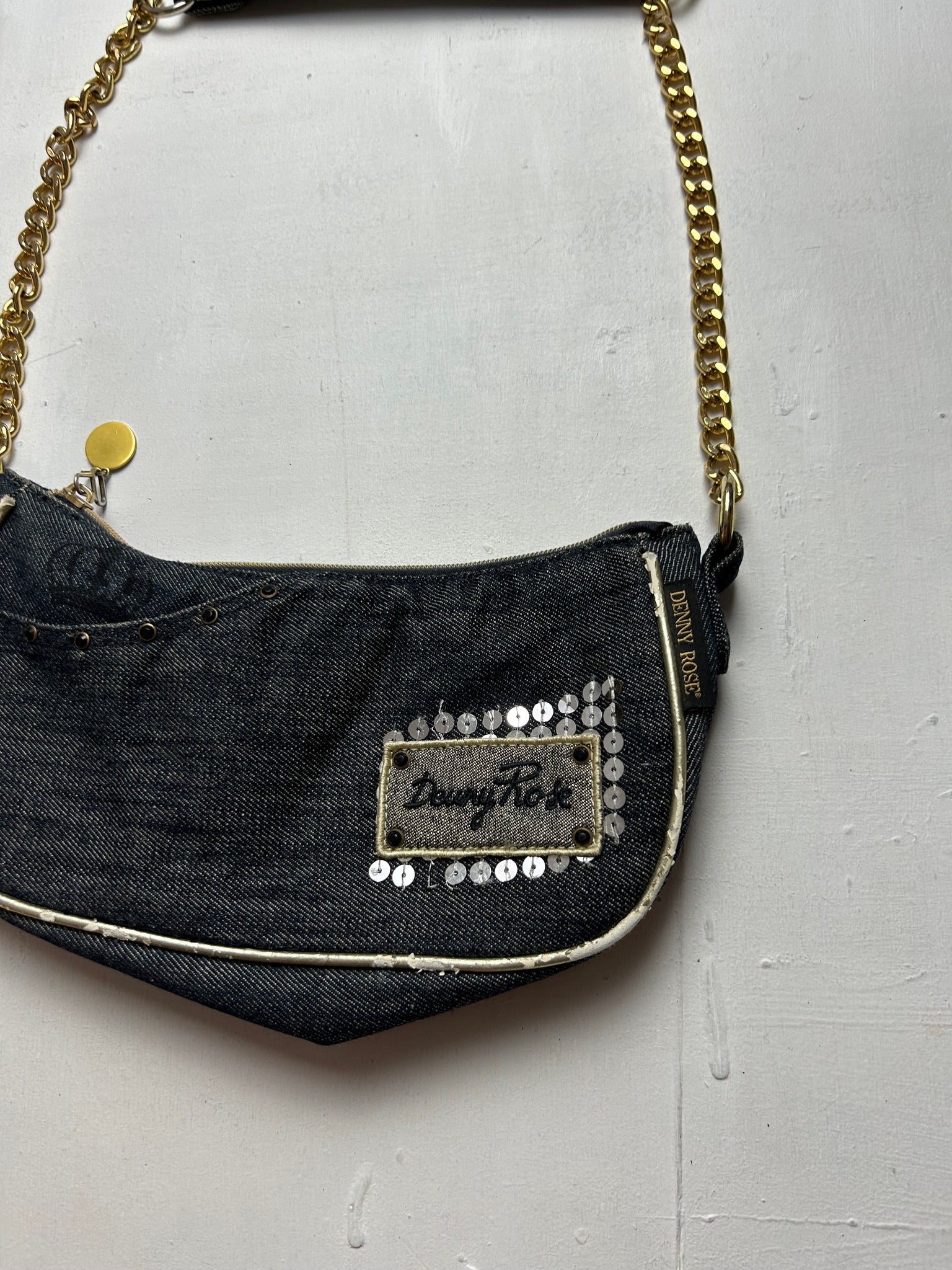 Black denim strass chain shoulder bag