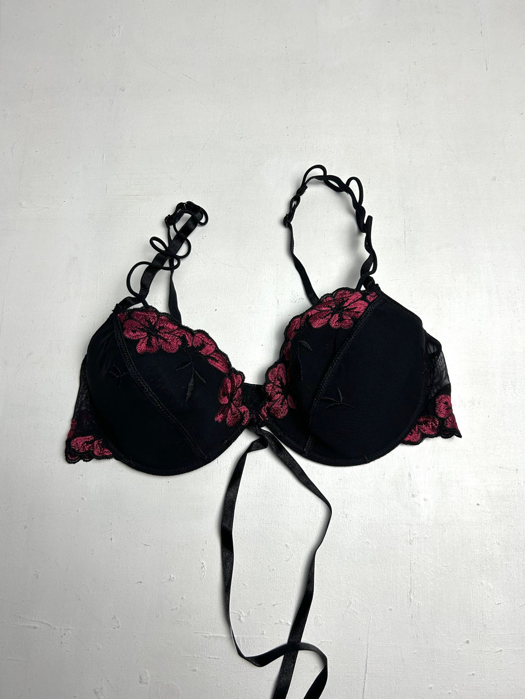 Black & brugundy mesh floral print balcony vintage bra