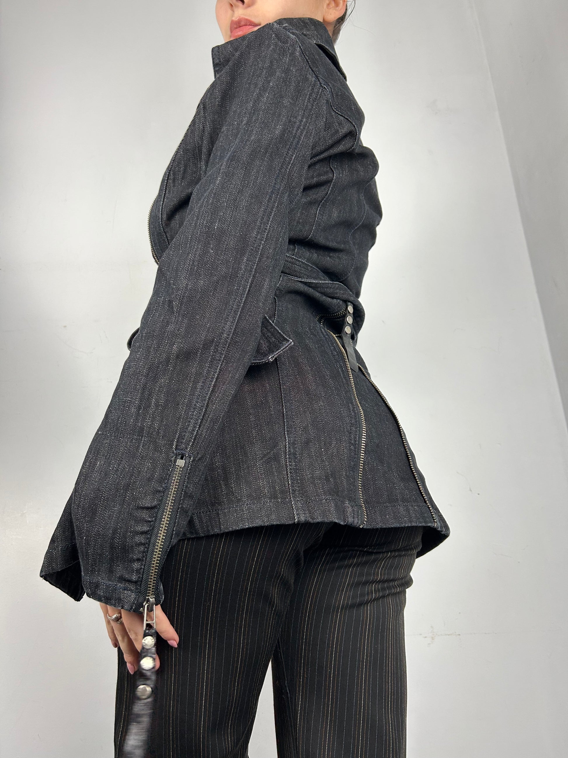 Navy denim long jacket / trench coat with belt  (S)