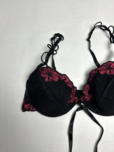 Load image into Gallery viewer, Black &amp; brugundy mesh floral print balcony vintage bra