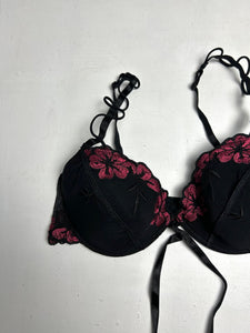 Black & brugundy mesh floral print balcony vintage bra