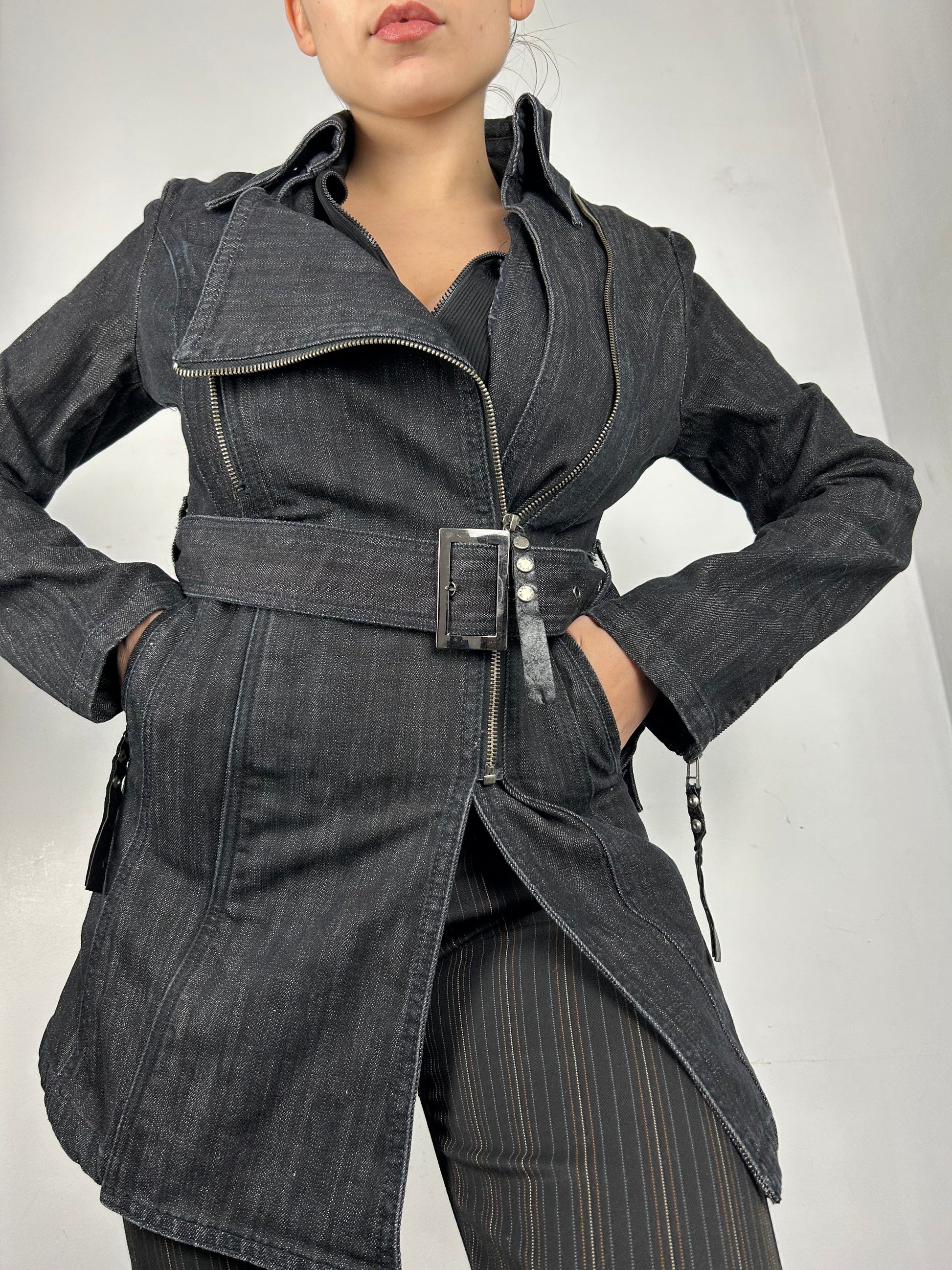 Navy denim long jacket / trench coat with belt  (S)