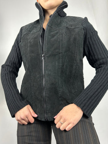 Black 100% real leather suede bi fabric hoodie jacket  (S/M)