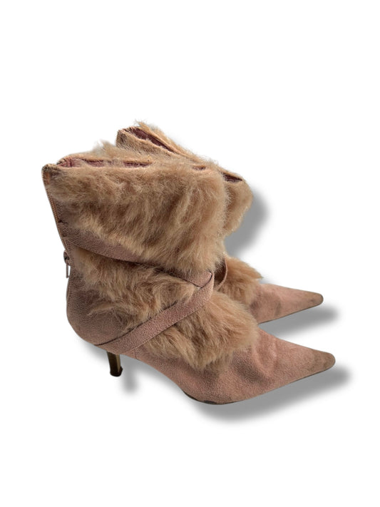 Baby pink haut fur kitten heels pointed toes boots (36)