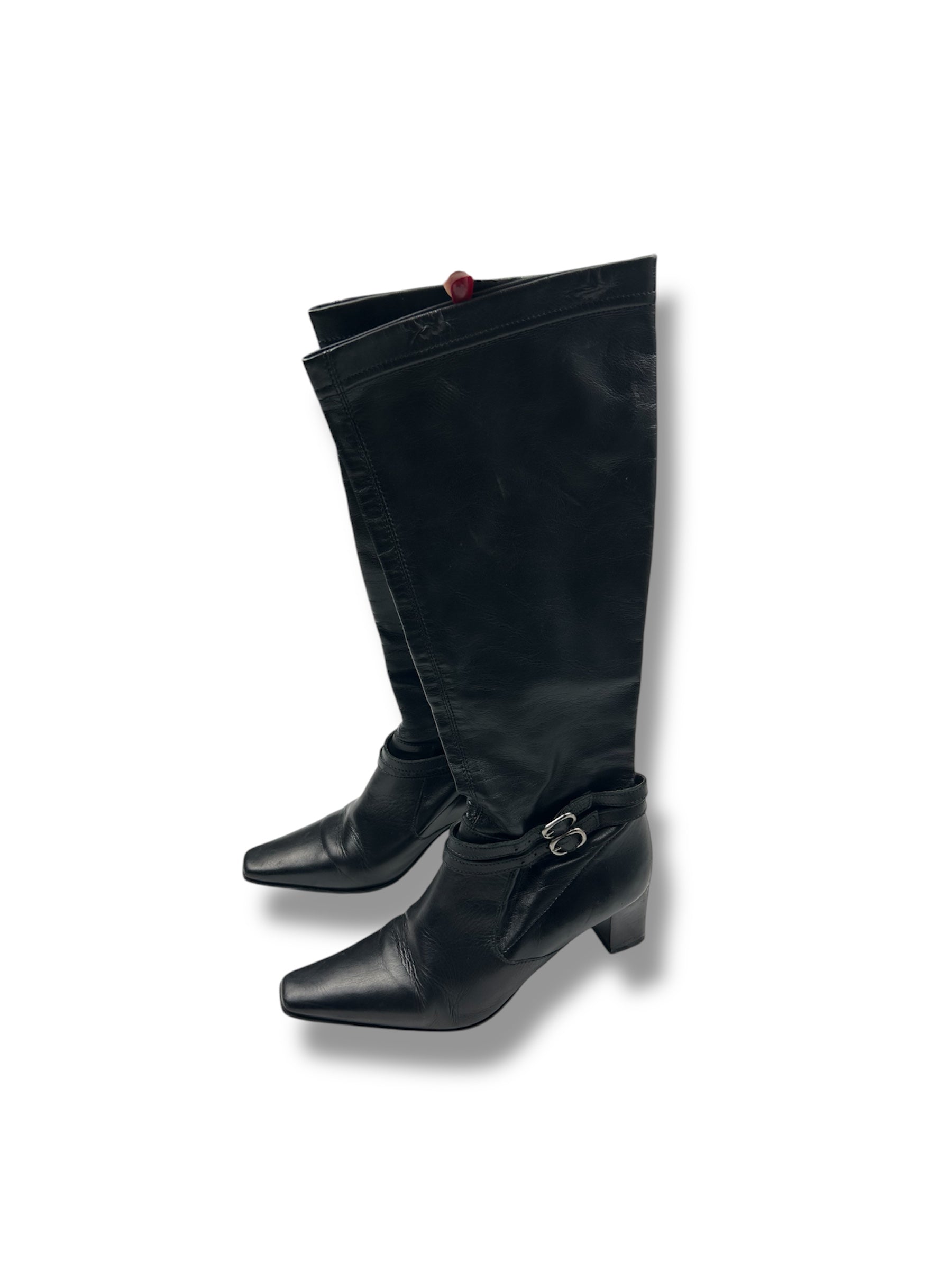 Black buckle 100% real leather knee high boots (37)