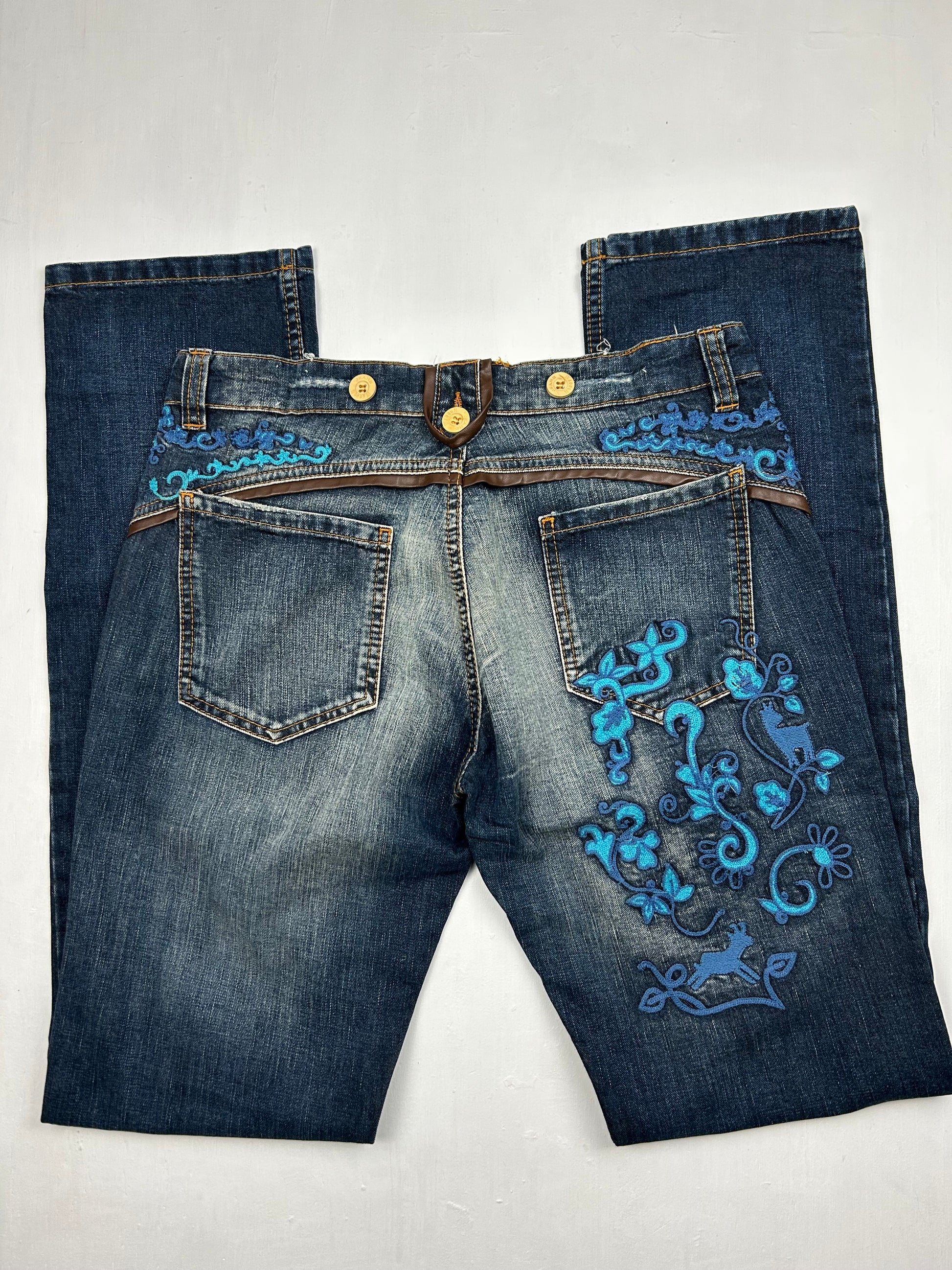 Blue denim low waist baggy embroidered pants (S/M)