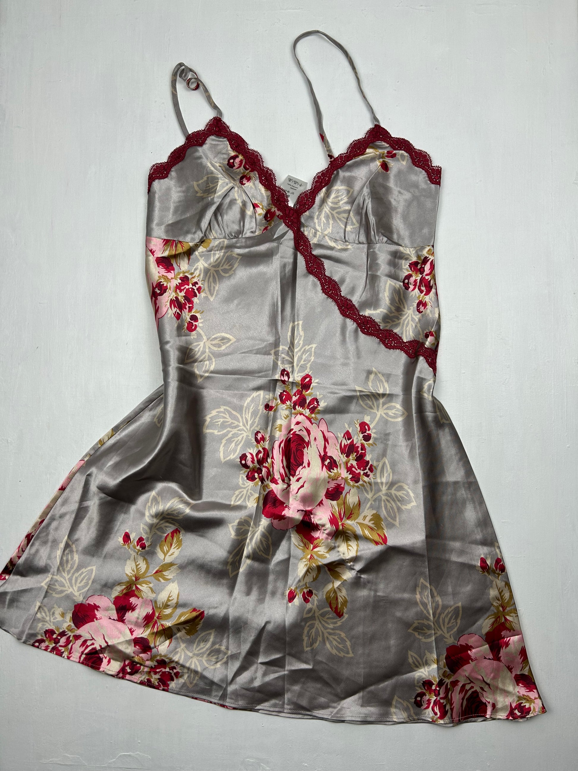 Grey floral print satin effect babydoll dress + dressing gown  (M/L)