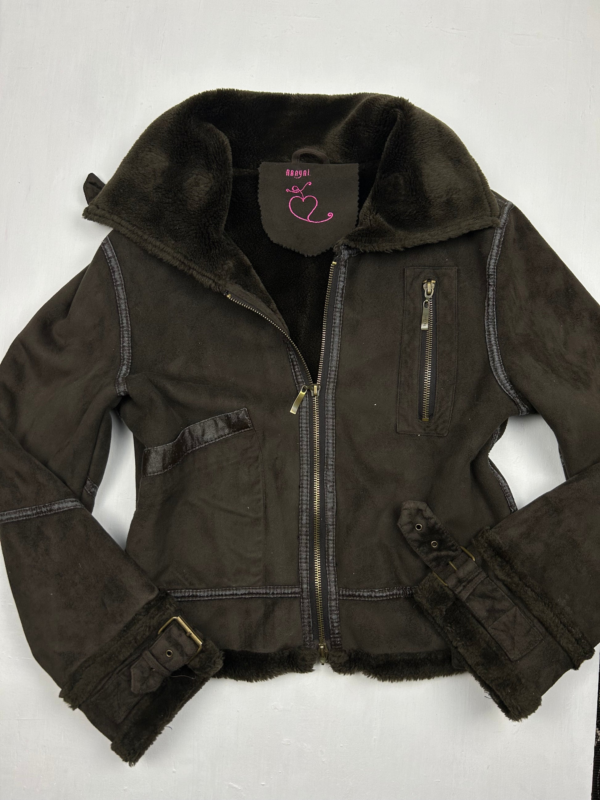 Brown faux fur suede winter biker jacket coat (S/M)