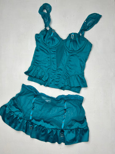 Blue mesh corset + micro skirt lingerie set (M)