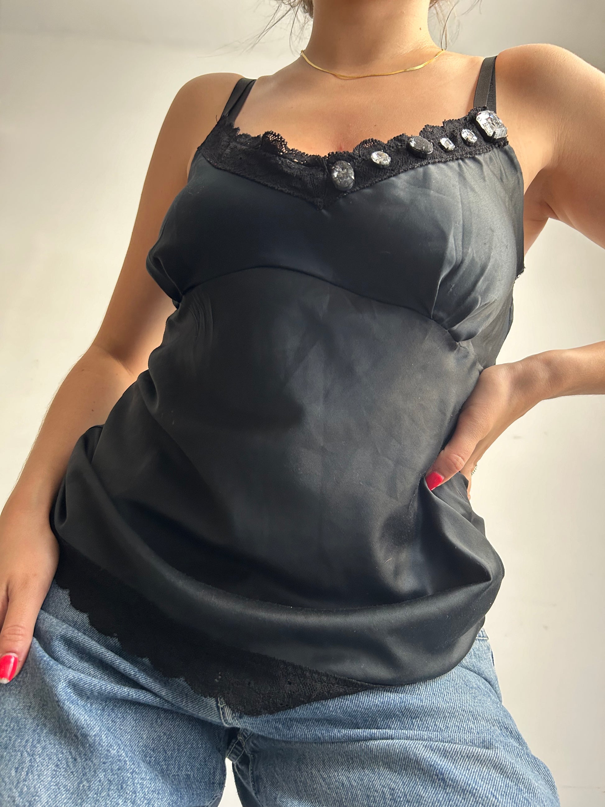 Black satin silk effect strass cami top (M/L)