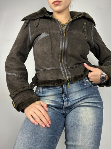 Brown faux fur suede winter biker jacket coat (S/M)