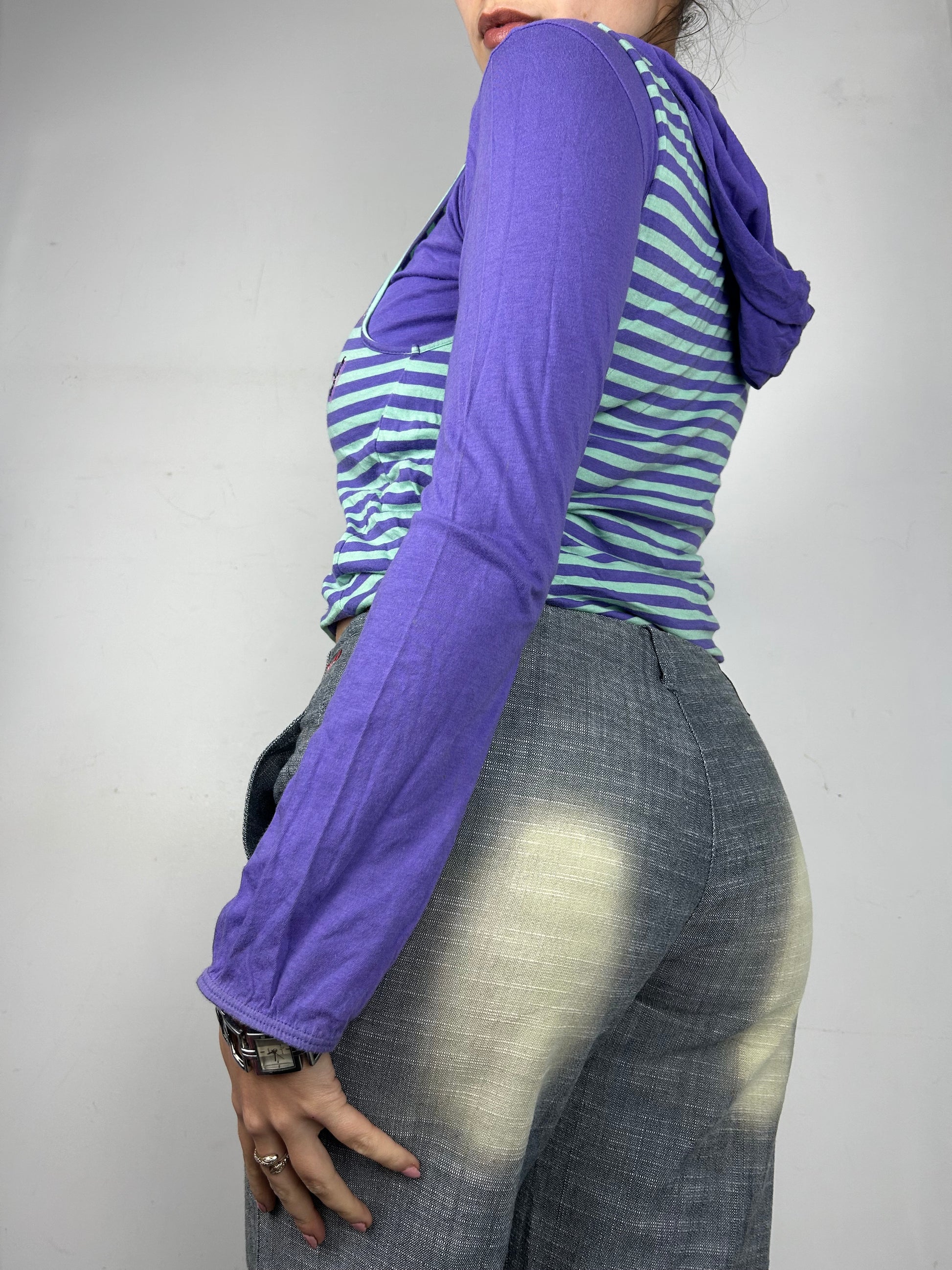 Purple striped cotton long sleeves hoodie top (S/M)