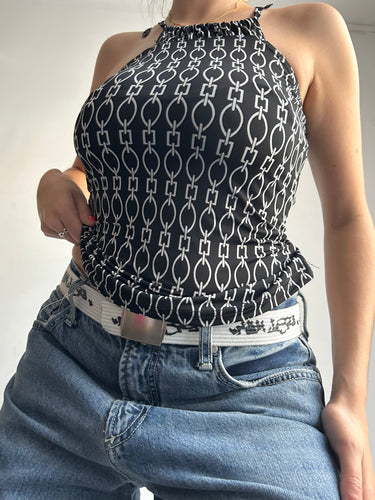 Black & white graphic print 90s y2k vintage halter top (S)