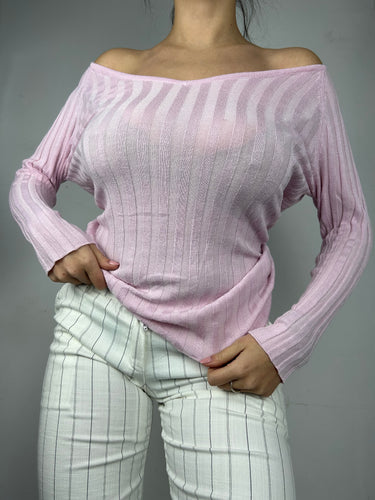 Baby pink large V neck ribbed jumper (M)