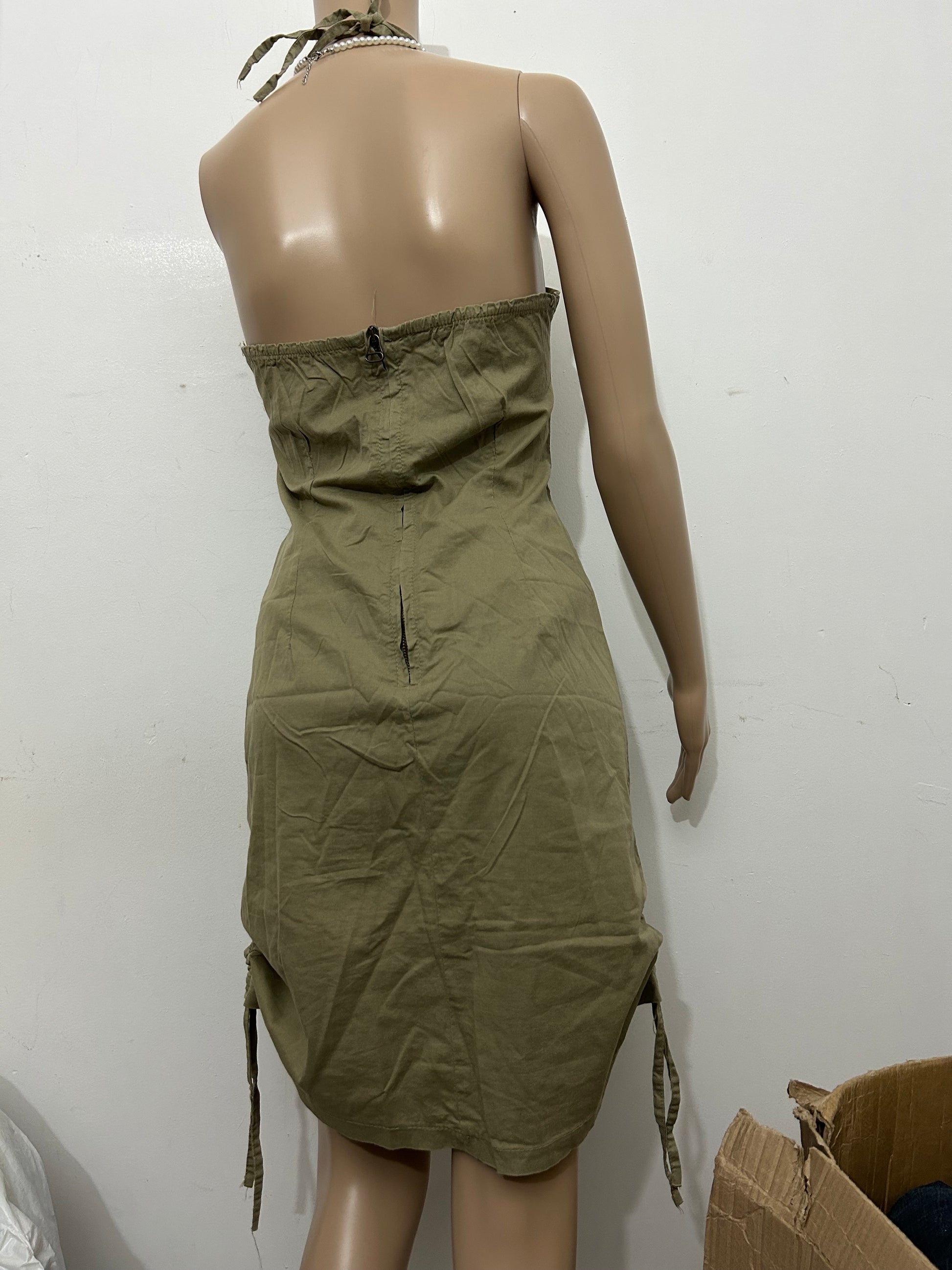 Khaki ruched cotton 90s Y2K vintage halter backless mid dress (S/M)