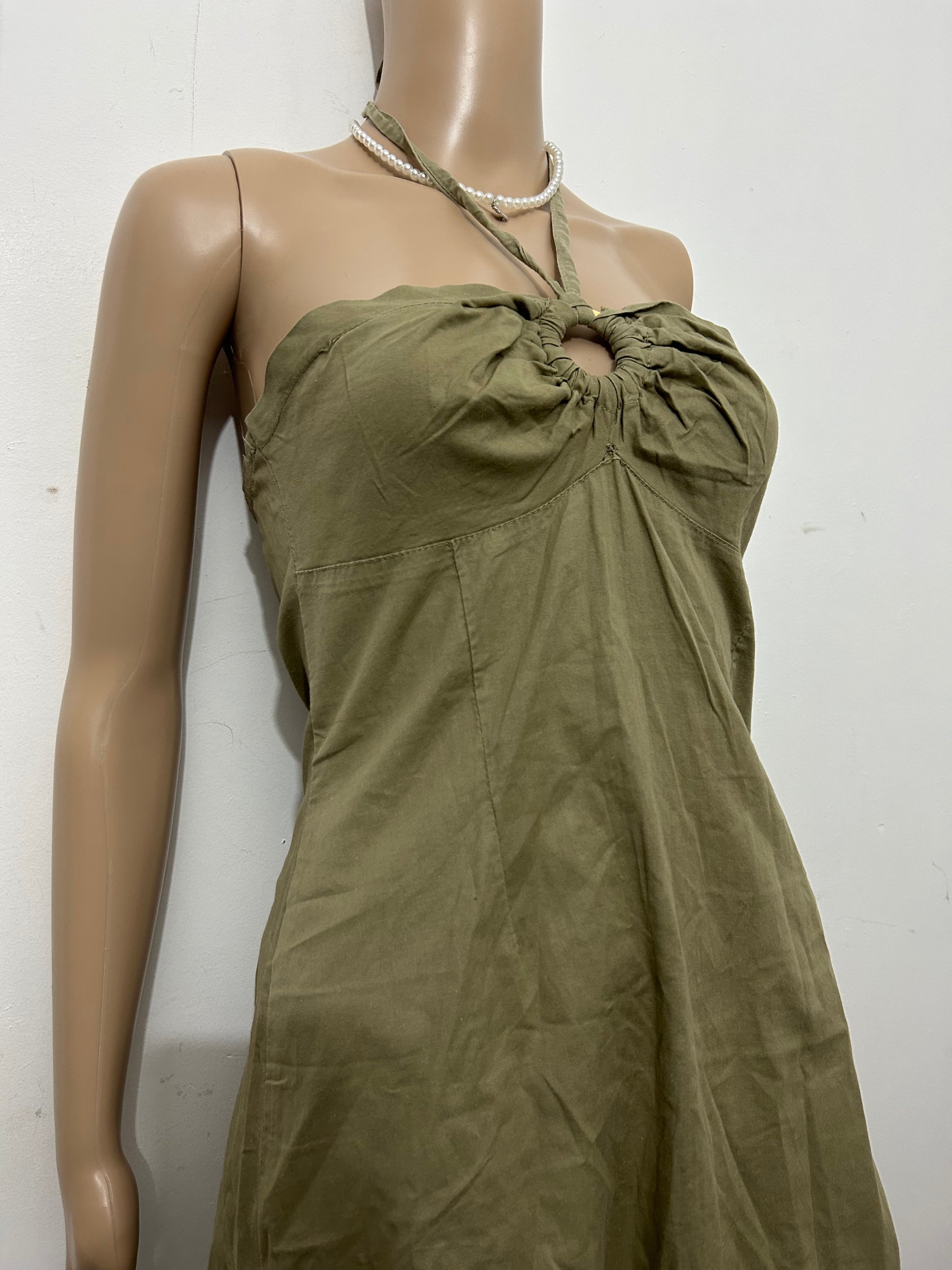 Khaki ruched cotton 90s Y2K vintage halter backless mid dress (S/M)