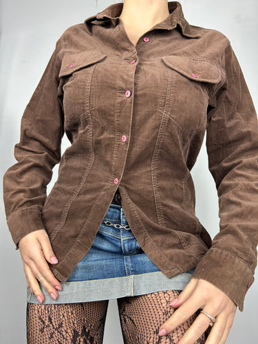 Brown velvet ribbed long sleeves shirt top (S/M)