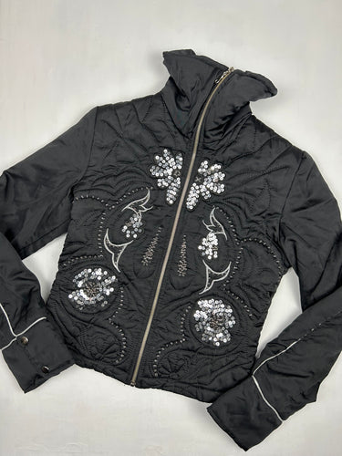 Black sequins floral print zip up biker jacket (S/M)