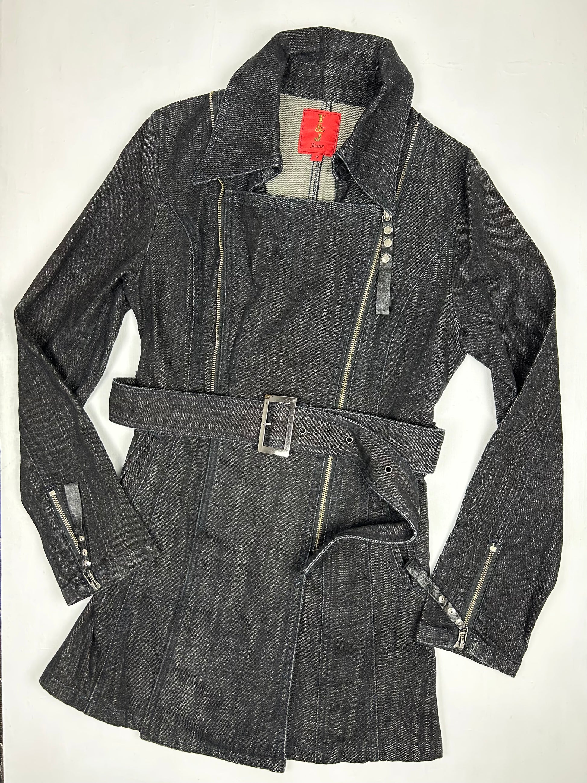 Navy denim long jacket / trench coat with belt  (S)