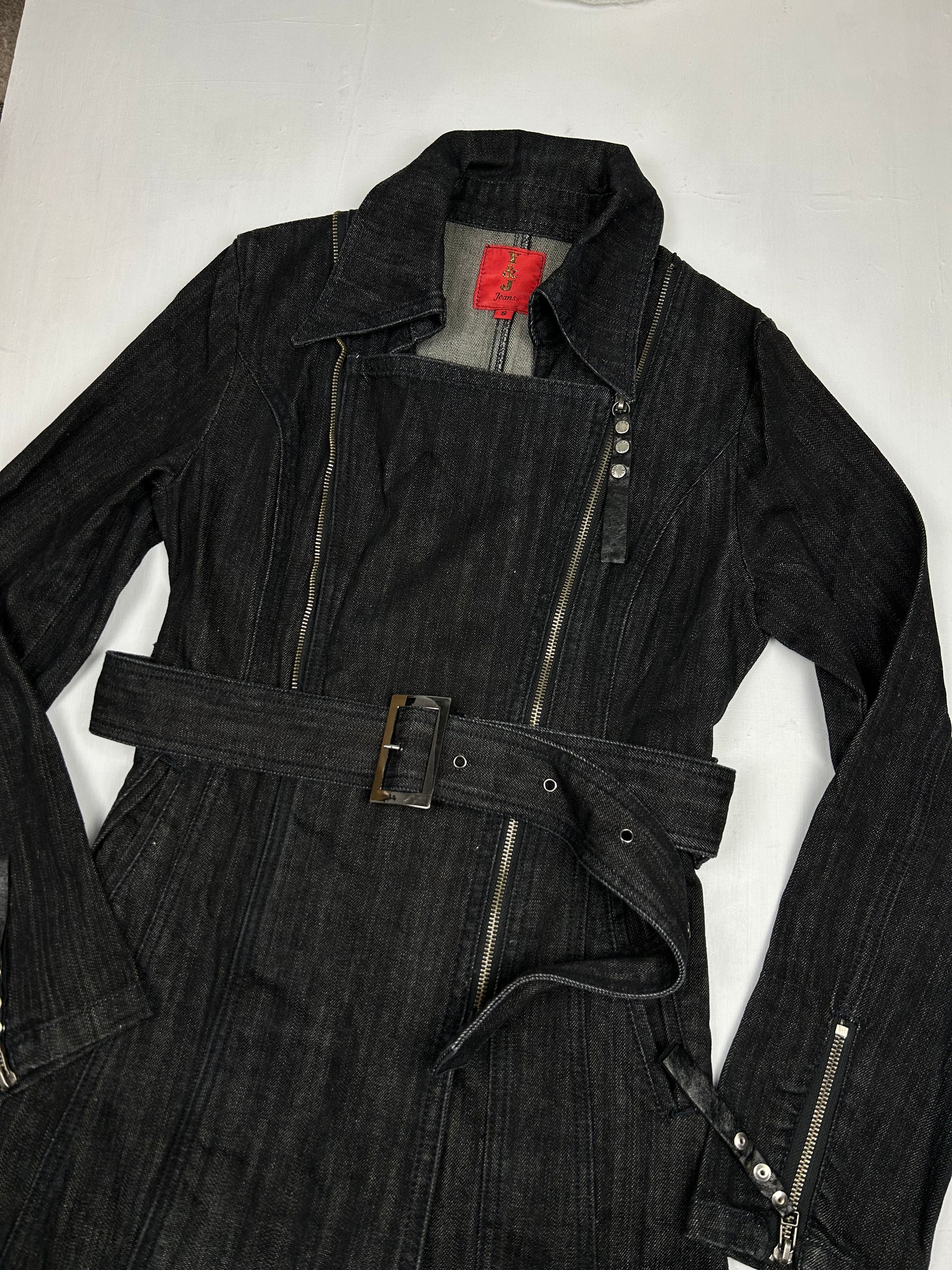 Navy denim long jacket / trench coat with belt  (S)