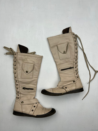 Beige lace up real leather pockets boots shoes (36)