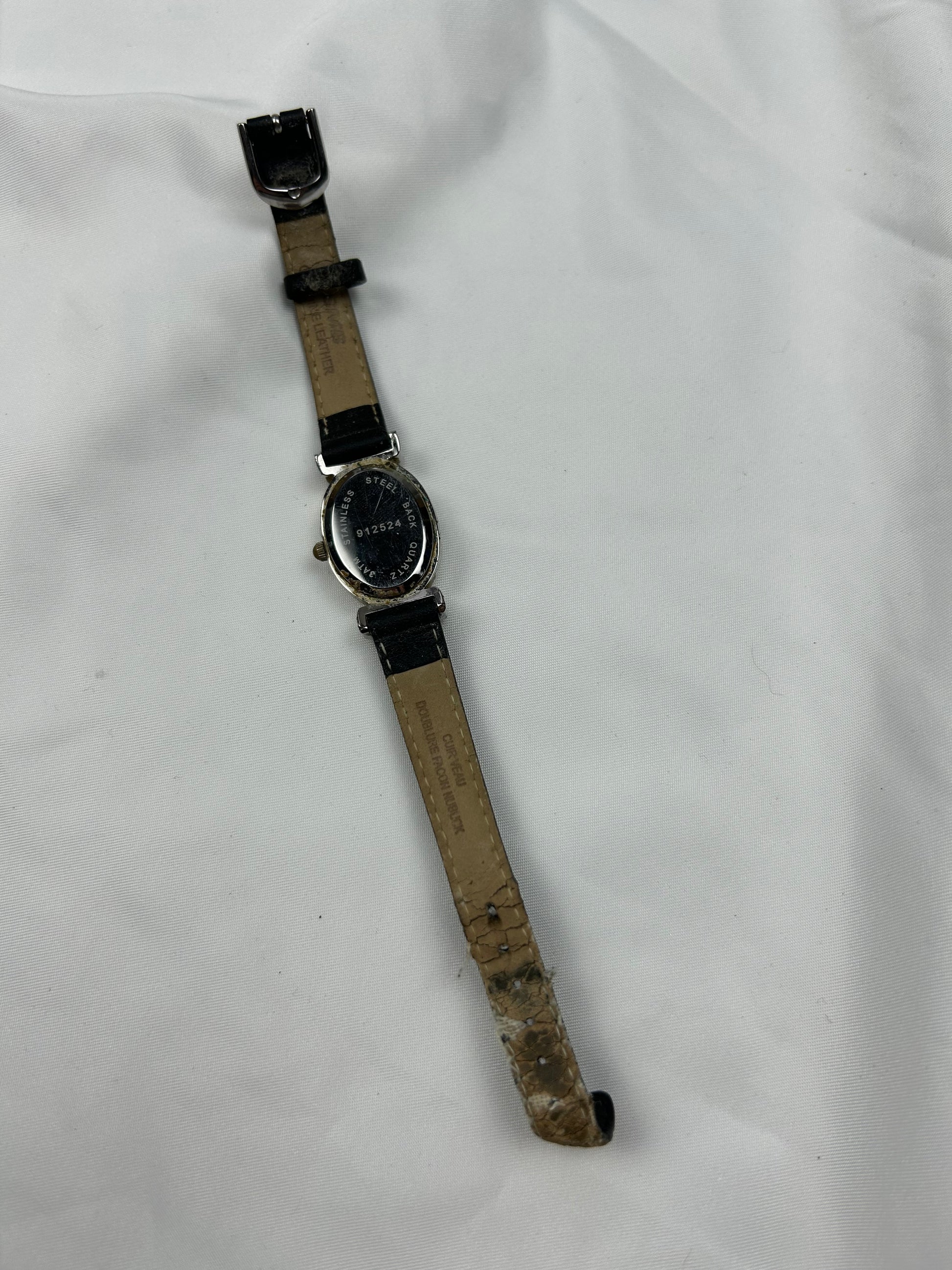 Vintage stainless steel silver & leather black bracelet watch jewelry