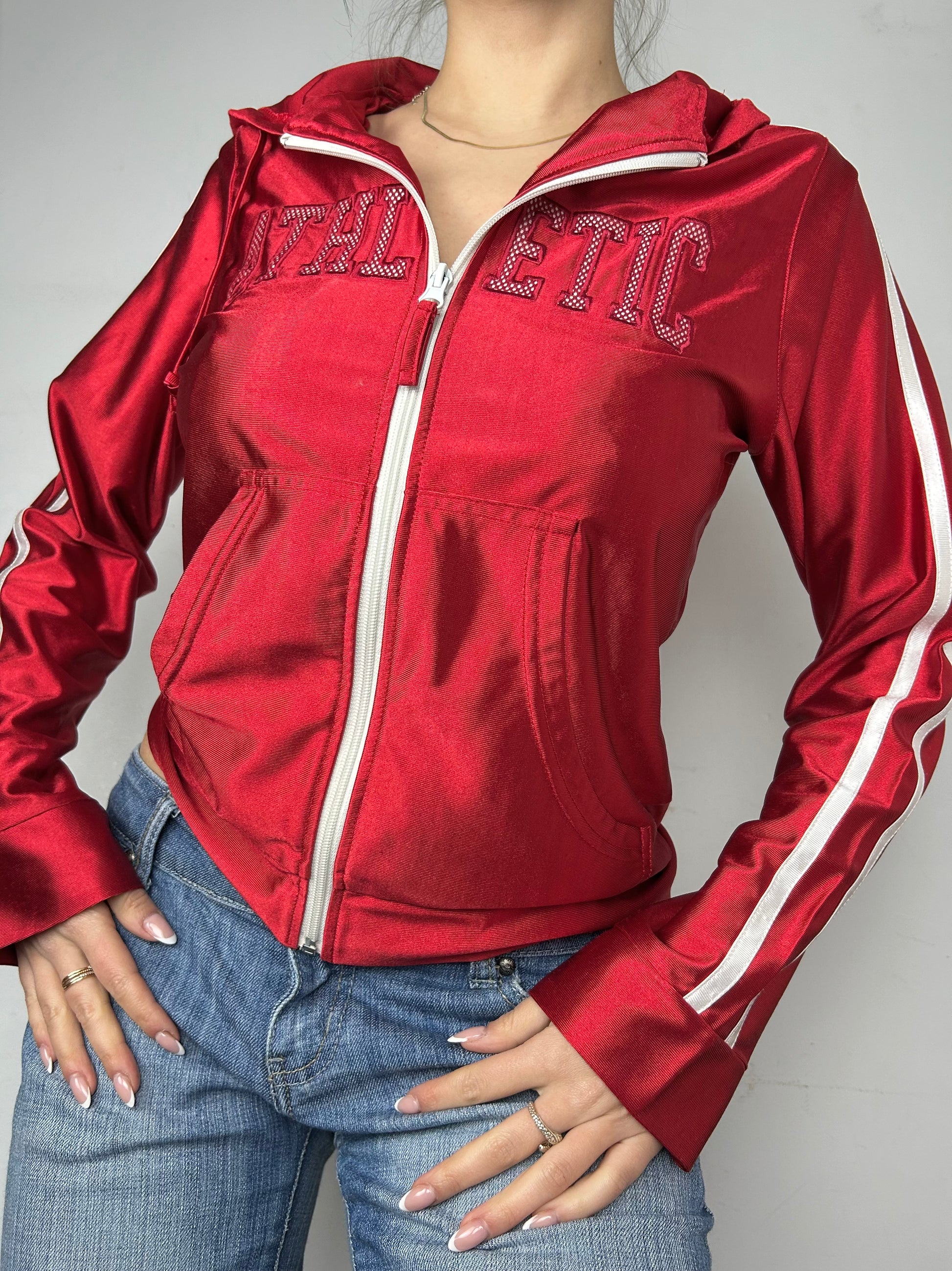 Red satin zip up hoodie (S/M)