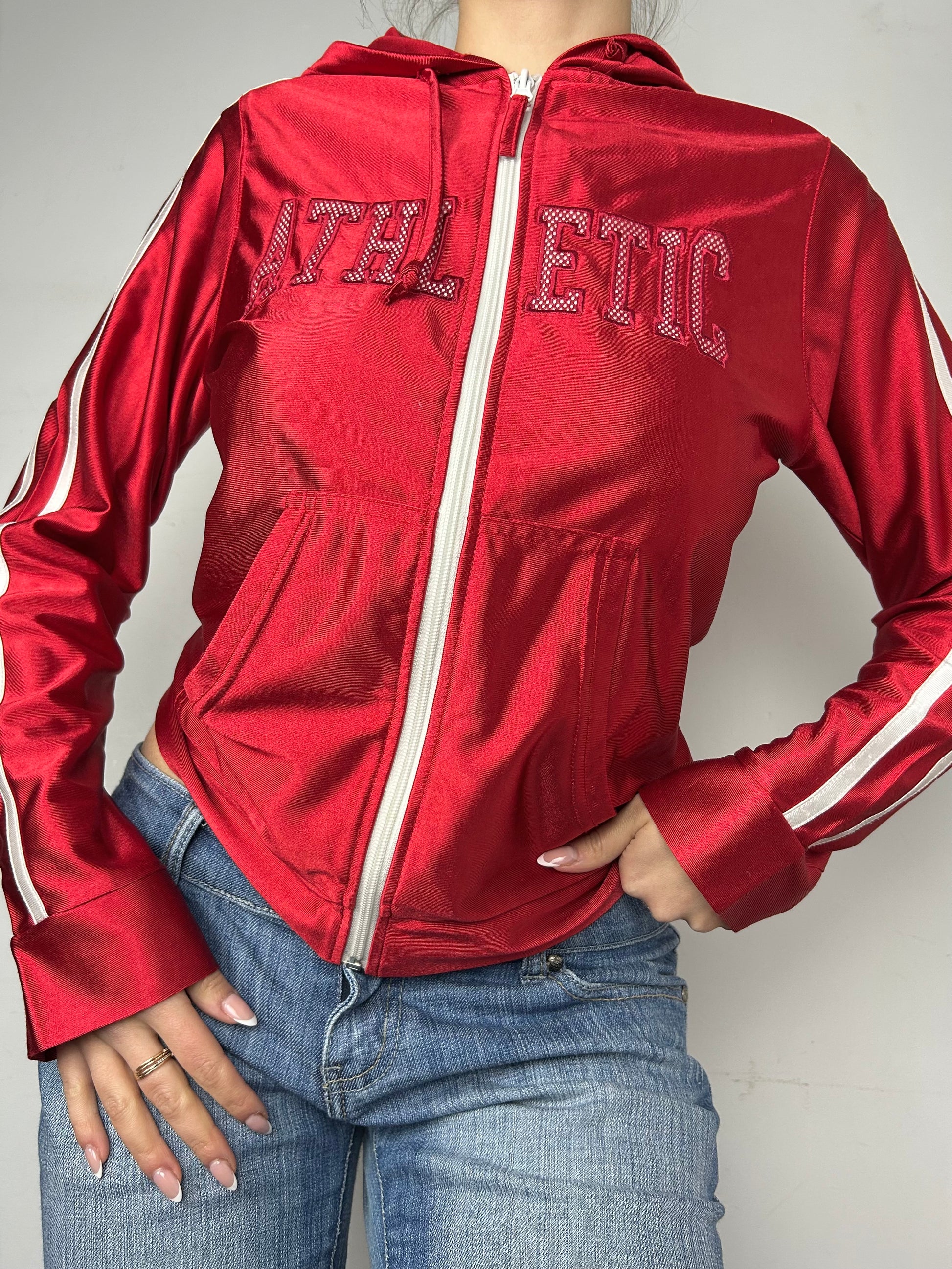 Red satin zip up hoodie (S/M)