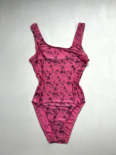 Pink floral print blue y2k vintage swimsuit body (S)