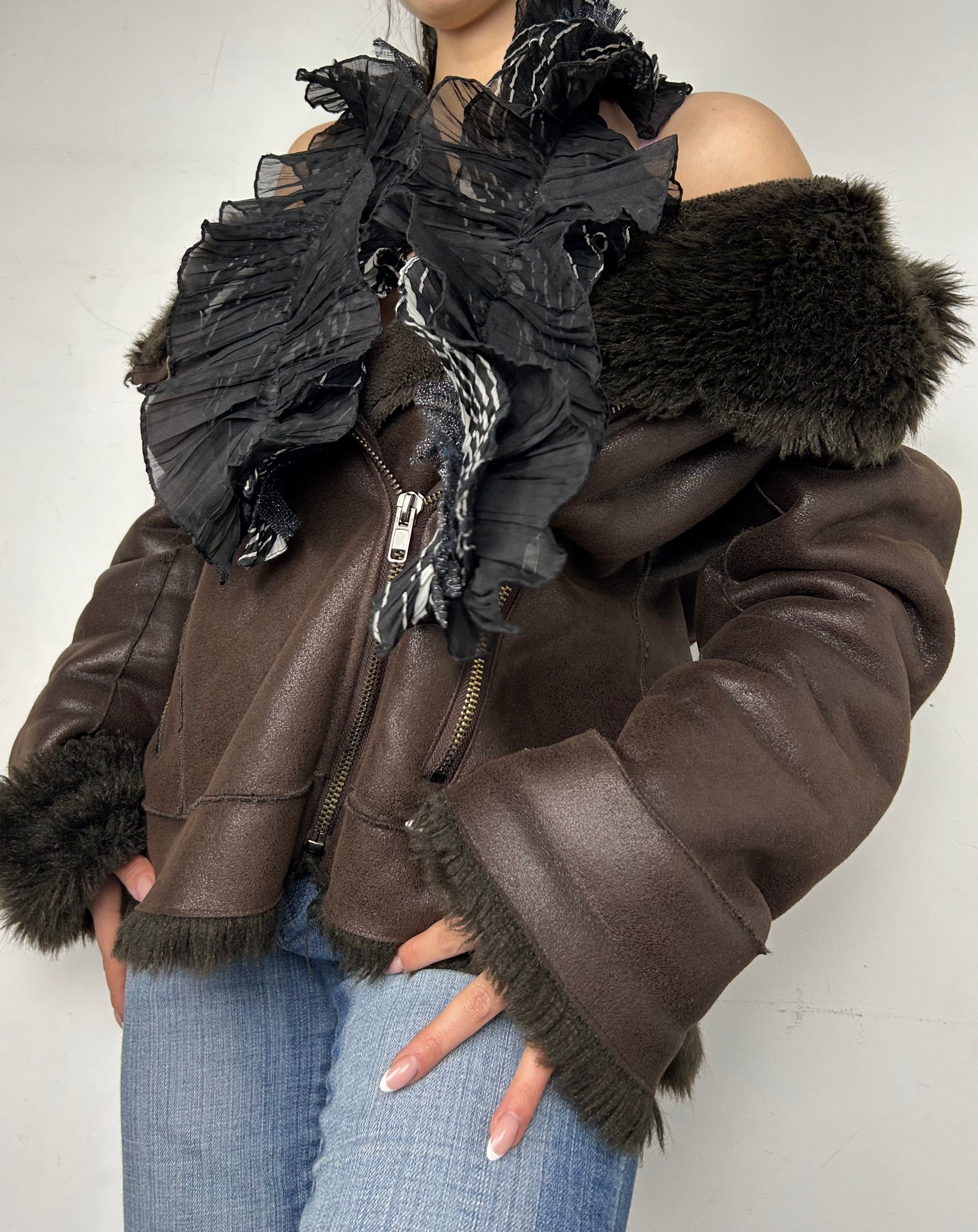 Brown faux fur suede jacket (XL)