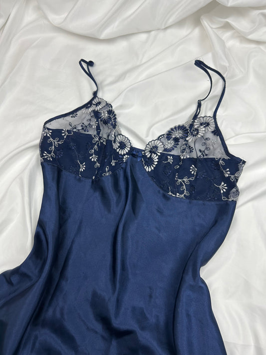 Navy satin effect & lace babydoll cami dress (M)