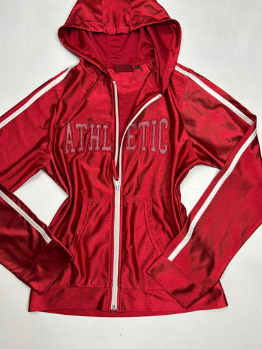 Red satin effect zip up sweatshirt hoodie jacket (M)