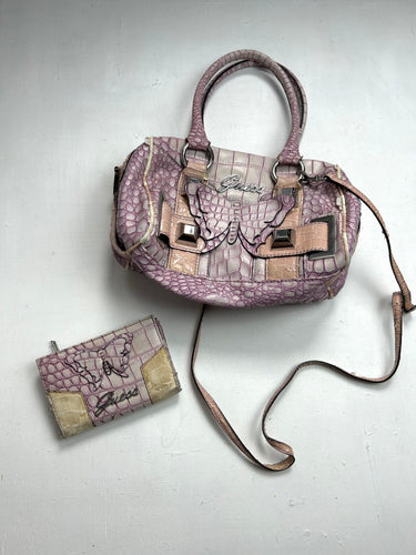 Baby pink croco y2k vintage butterfly shoulder bag + wallet