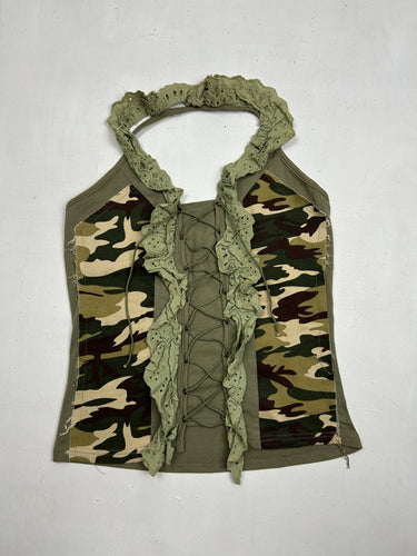 Camo khaki print lace up halter top (S)