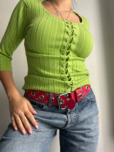 Green ribbed lace up ribbed stretchy cardigan jumper (S/M)