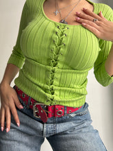 Load image into Gallery viewer, Green ribbed lace up ribbed stretchy cardigan jumper (S/M)