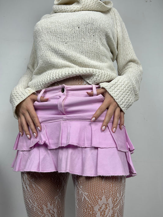 Baby pink low rise denim pleated mini skirt (S)