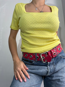 Yellow square neck crochet y2k 90s knitted jumper tee (M)