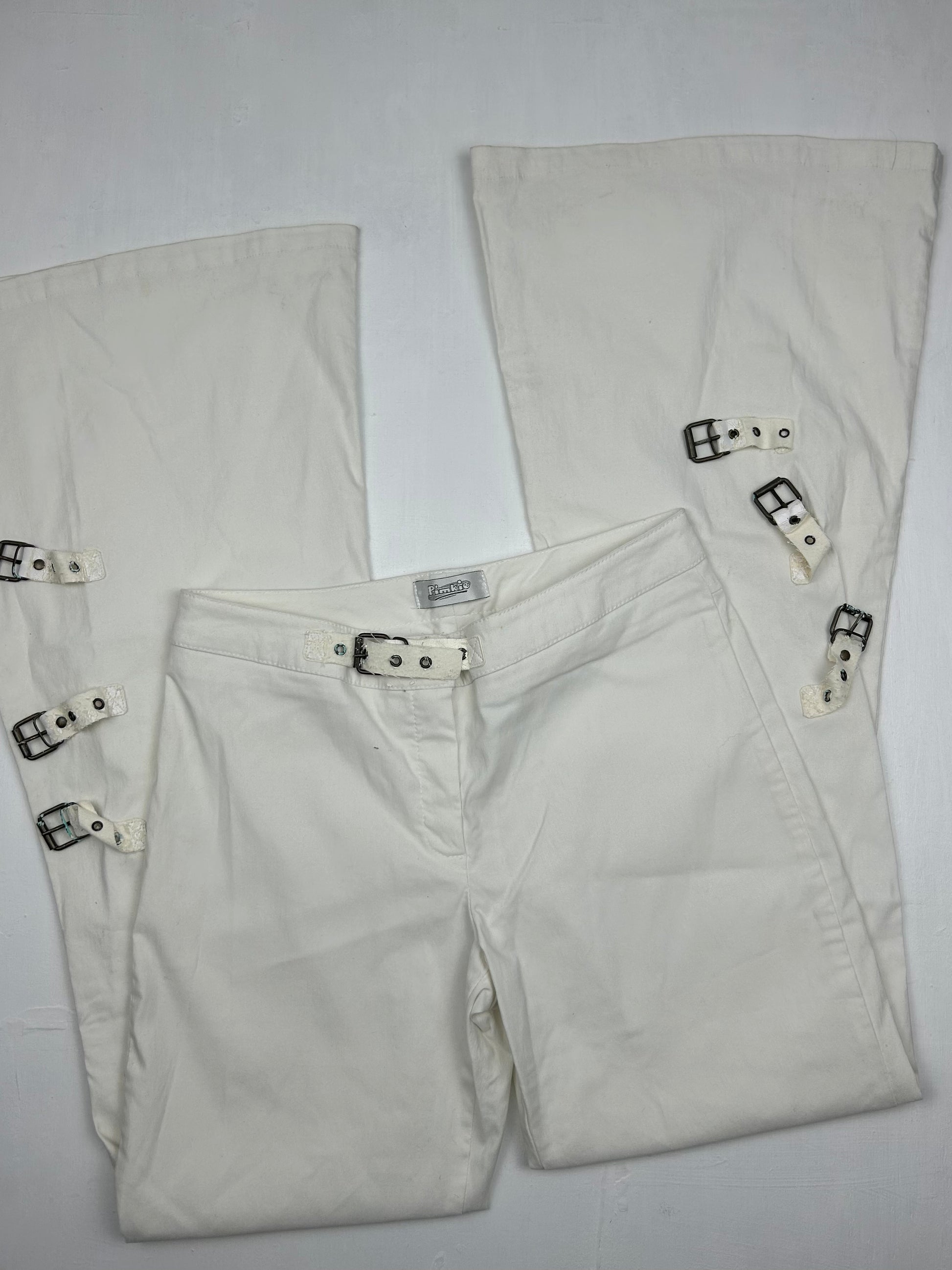 White low waist bootcut denim belt pants (S)