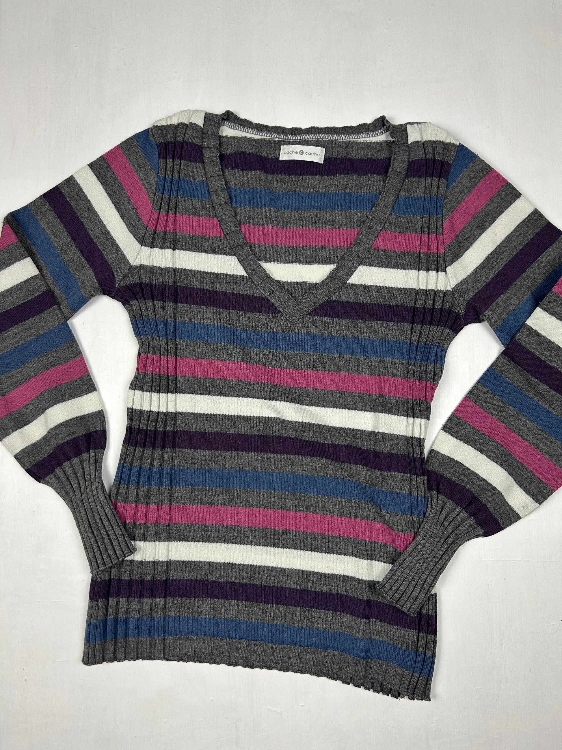 Grey striped V neck jumper (S/M)