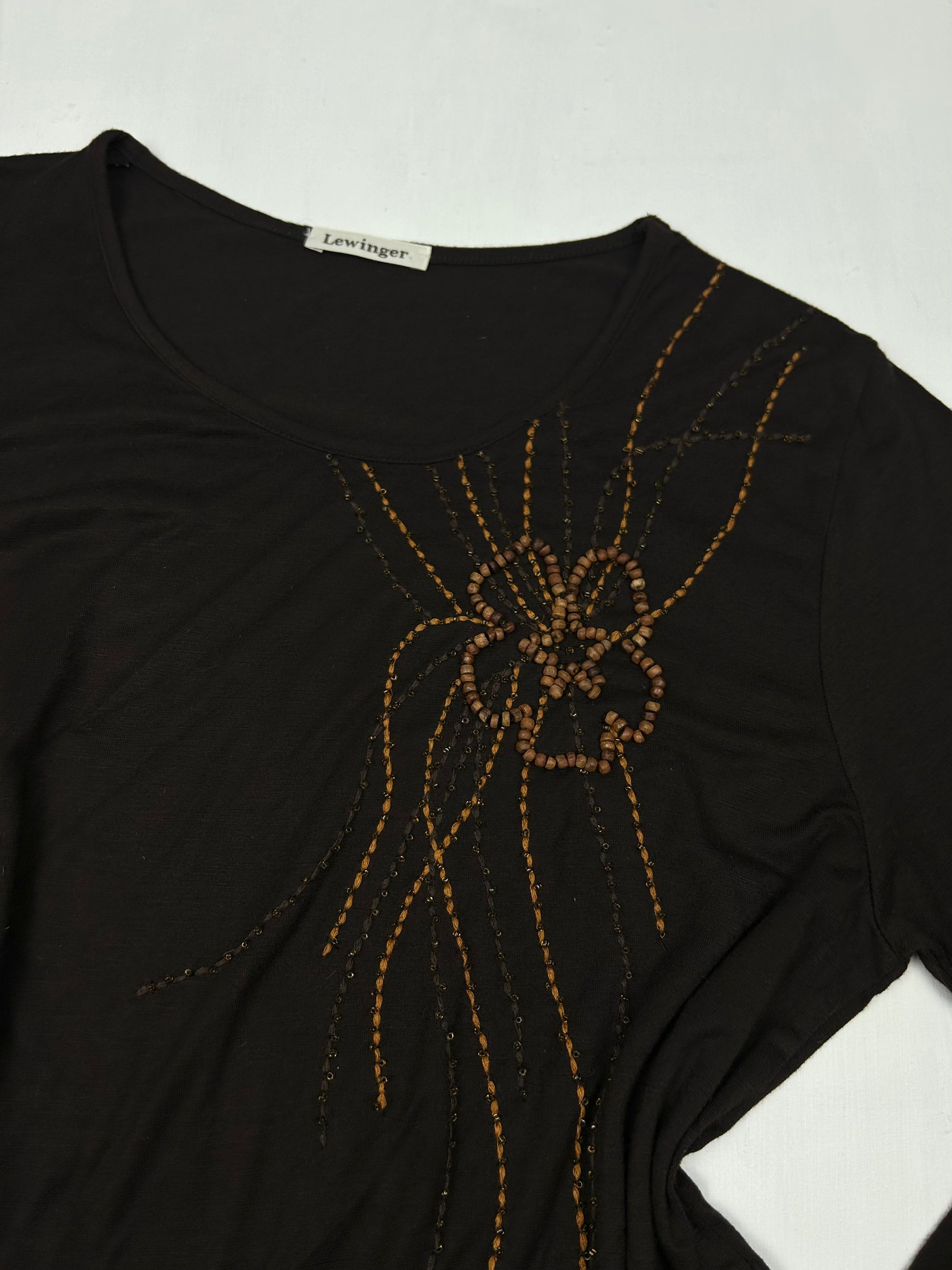 Brown pearls embroidered floral print long sleeves top (L)