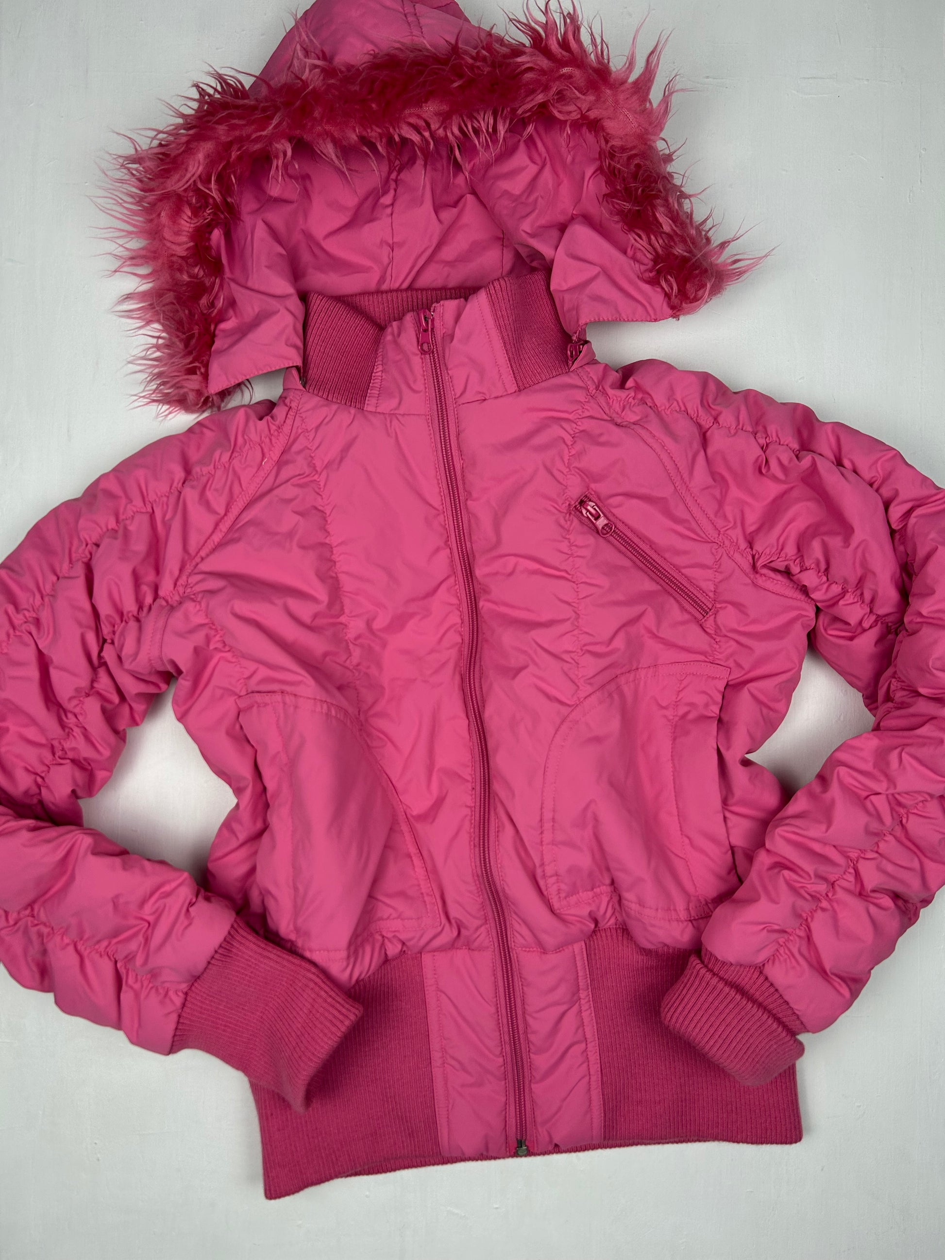 Pink zip up faux fur puffer jacket (S/M)