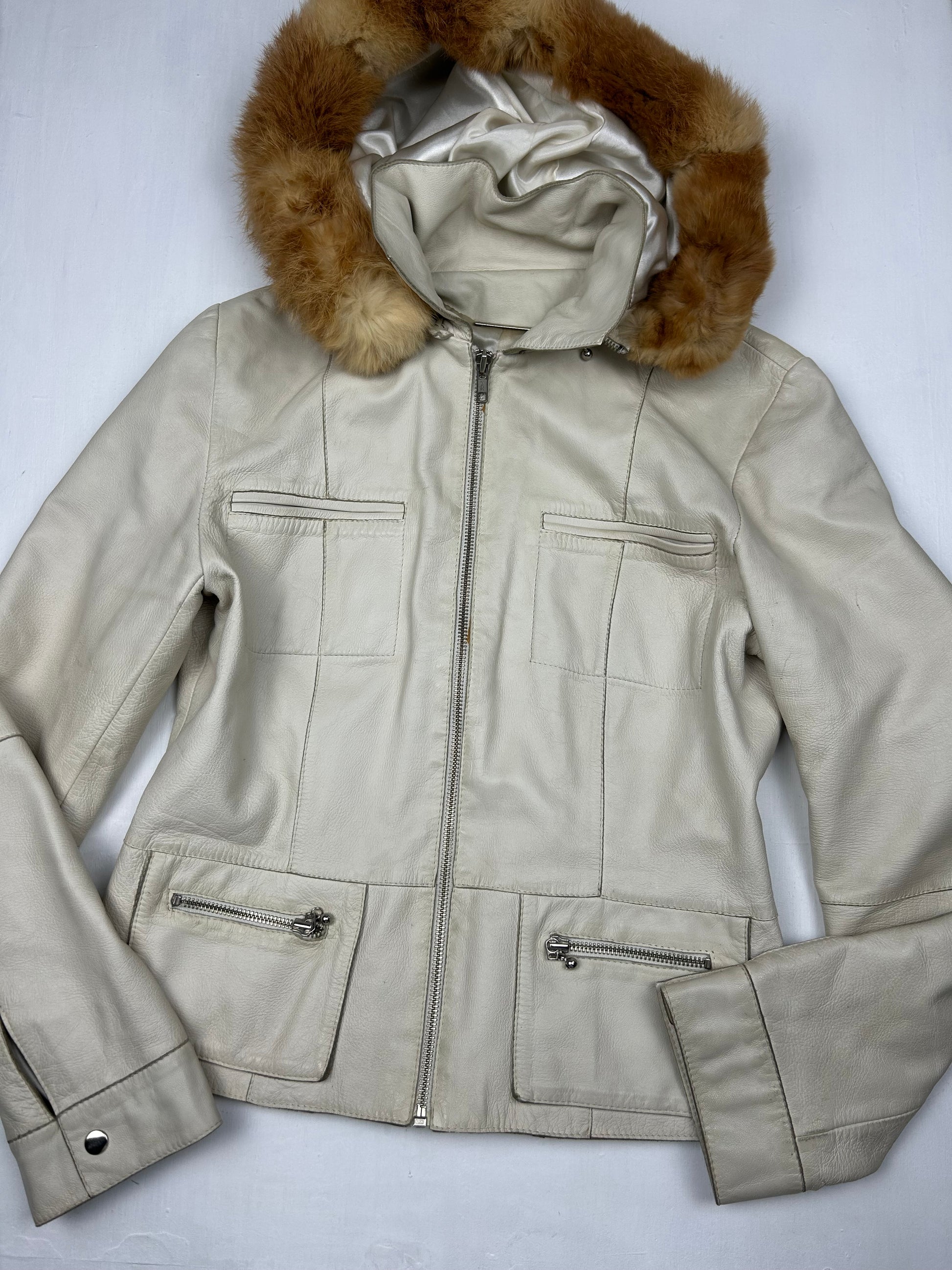 Beige 100% real leather & fur biker jacket (S/M)