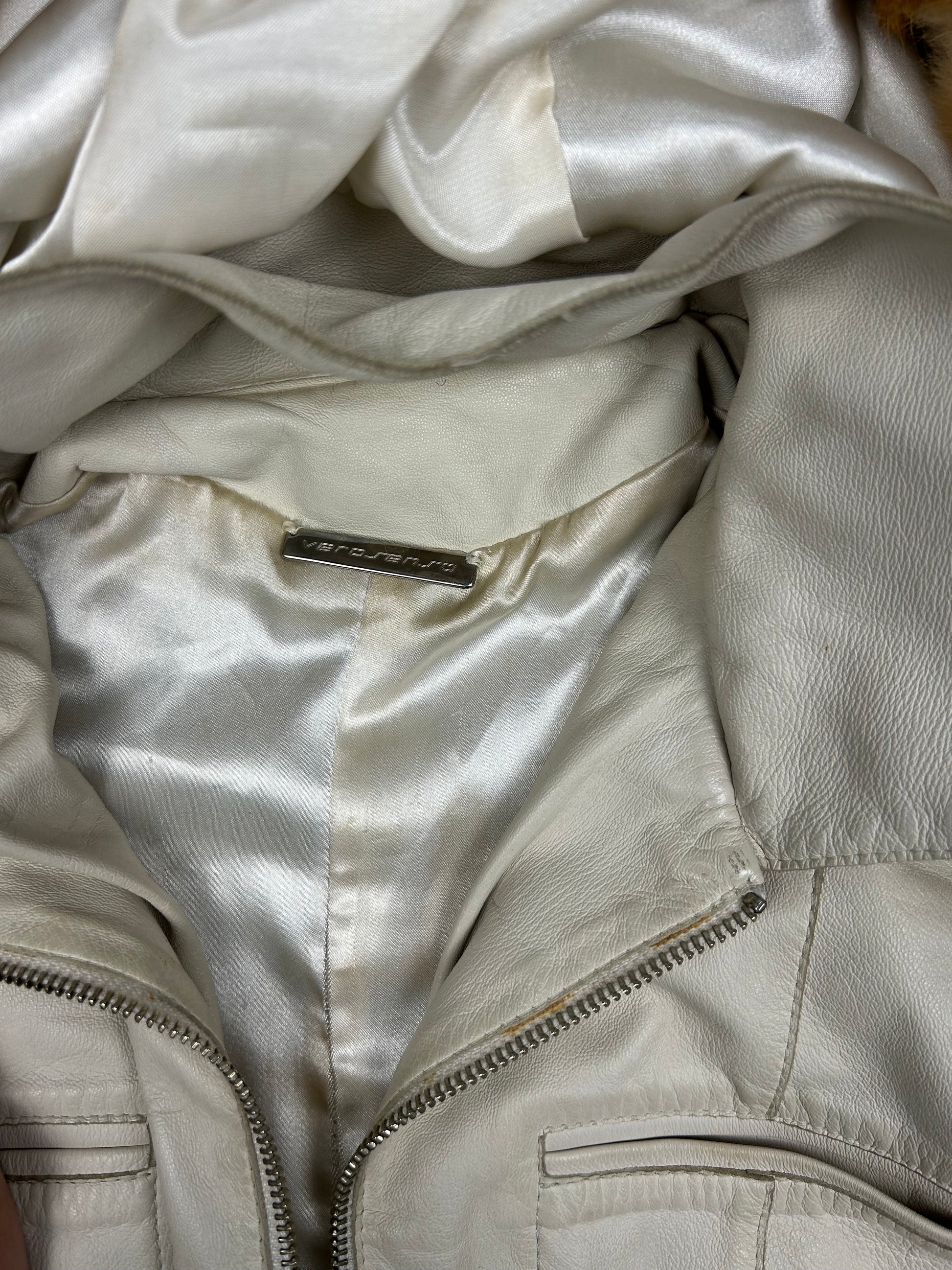 Beige 100% real leather & fur biker jacket (S/M)