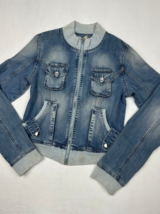 Blue denim zip up biker jacket (S)